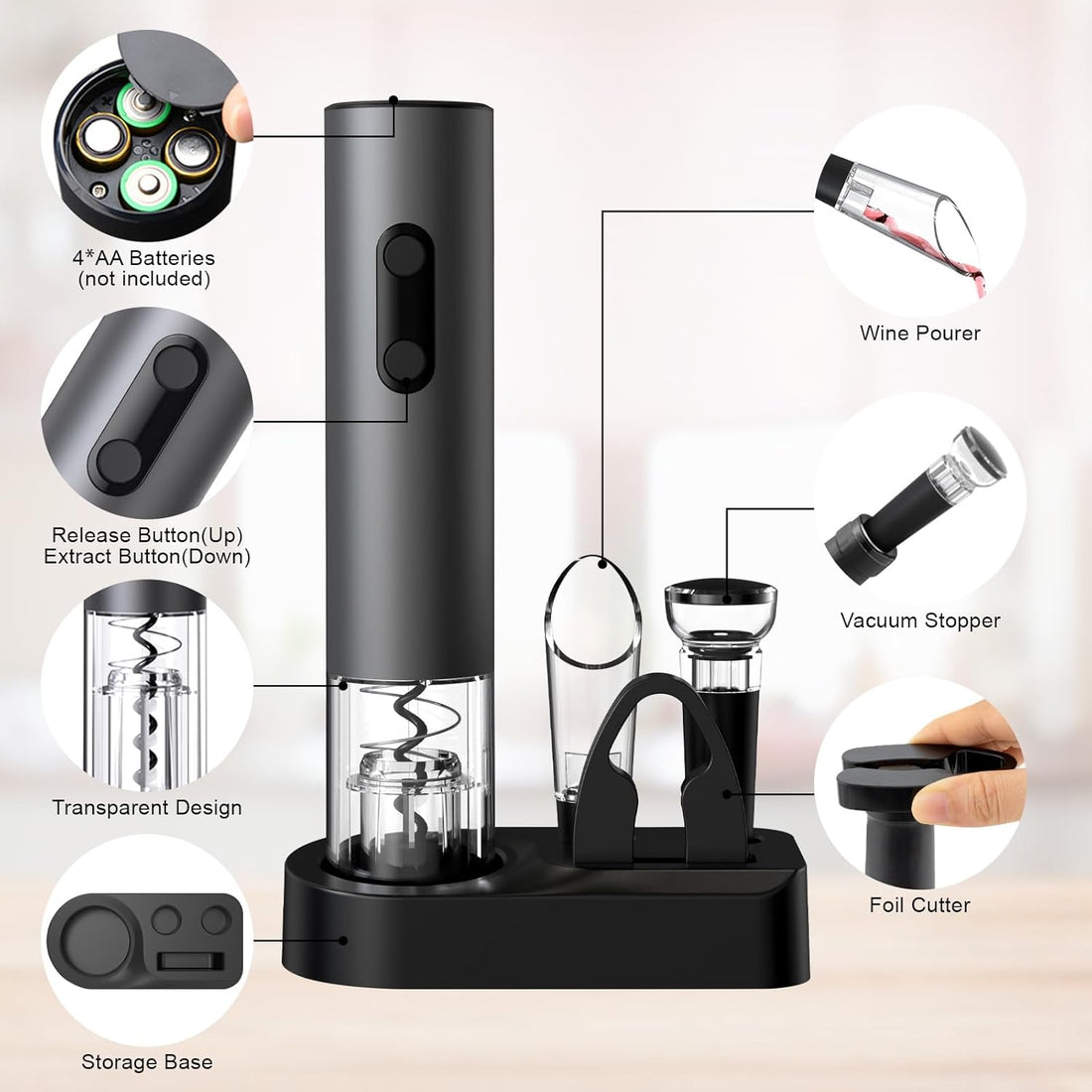 COKUNST 4-in-1 Electric Wine Opener Set Cordless Corkscrew