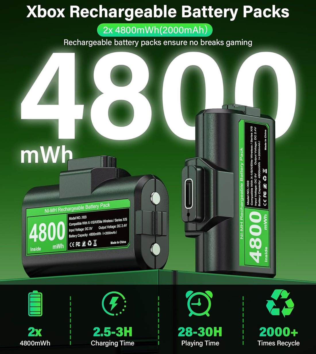 Xbox Controller Battery Pack USB-C Charging Rechargeable Kit